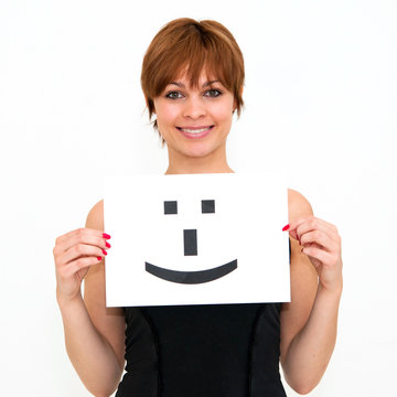 woman with board Smile face sign