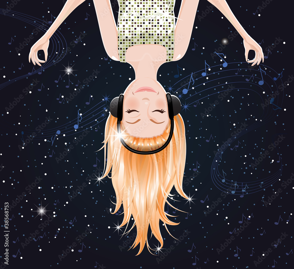 Wall mural Vector girl upside down listening to music of space.