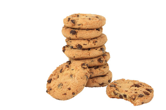 Nine Chocolate Chip Cookies Isolated On A White Background