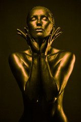 Nude woman like statue in liquid metal