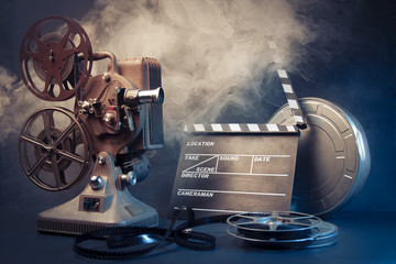 old film projector and movie objects - obrazy, fototapety, plakaty