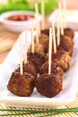 Meatball appetizers with toothpicks (Selective Focus)