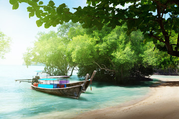 Fototapeta na wymiar long boats on beach in Thailand