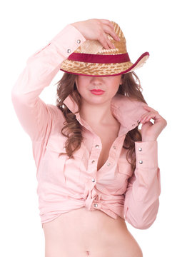 Pretty girl with cowboy hat on white background