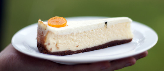 Goat cheese cheesecake with a topping of vanilla pod and soft cr