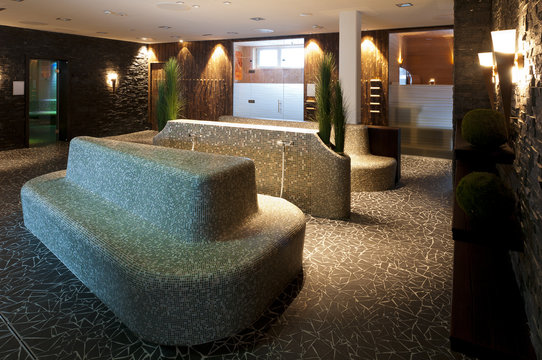 lighted mosaic tiled sitting group for wellness and spa