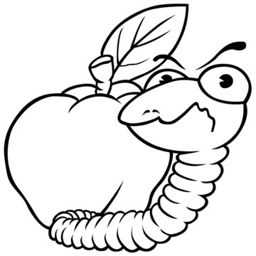 Worm and Apple - Black and White Cartoon Illustration
