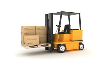 Gabelstapler gelb mit Kisten und Palette
