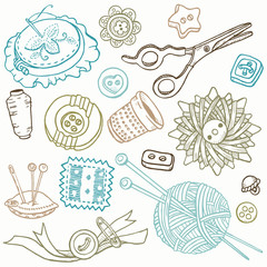 Sewing Kit Doodles - hand drawn design elements in vector