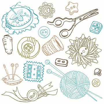 Sewing Kit Doodles - hand drawn design elements in vector