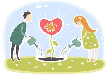 Relationship: couple cultivating heart-shaped flower of love
