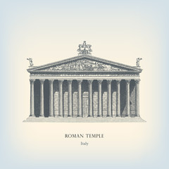 Engraving vintage Roman temple.