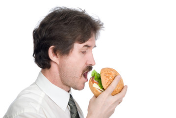 Man with moustache eats hamburger