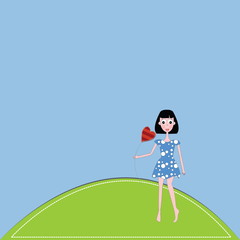 vector illustration girl and  heart against a blue sky