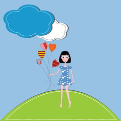 vector illustration girl and hearts  against a blue sky and clou