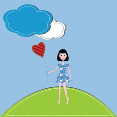 vector illustration girl and hearts  against a blue sky and clou