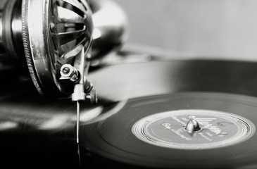 vintage phonograph close up shot with shallow depth of field