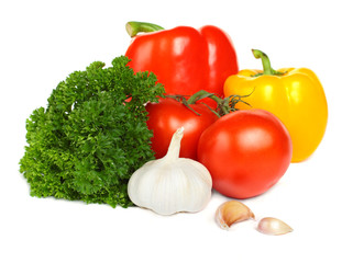 Vegetable isolated on white background - tomato, pepper, garlic
