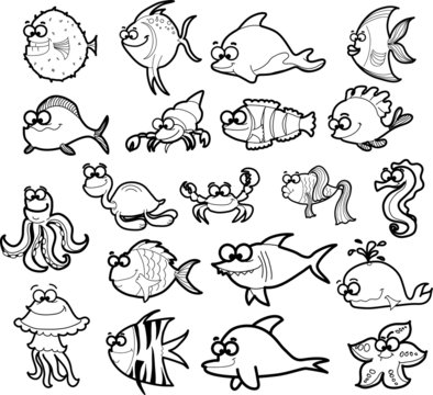 Большой набор животных мультфильма морских