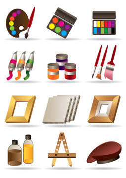 Painting materials  and tools for artists icons set