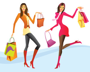 Shopping girls in action - vector illustration
