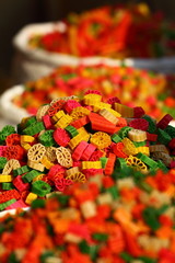 Multicolored pasta in traditional market in India.