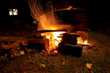 Pot at fireplace - making of jam