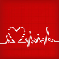 White Heart Beats Cardiogram on Red background