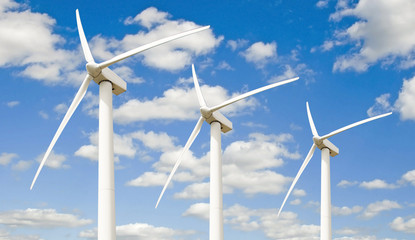 Three wind turbines -  against the sky - obrazy, fototapety, plakaty
