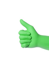 cleaner hand in green rubber glove gesturing ok