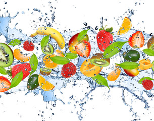 Fresh fruits in water splash, isolated on white background - obrazy, fototapety, plakaty
