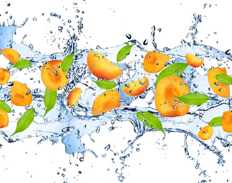 Fresh apricots in water splash,isolated on white background
