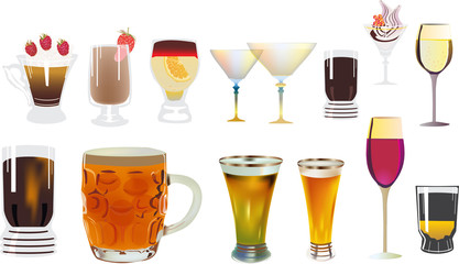 different drinks collection on white