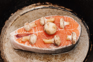 salmon steak with mushrooms