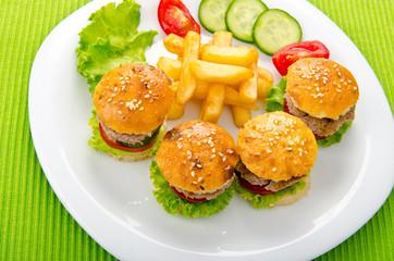 Burgers with french fries in plate