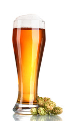 beer in a glass and green hop isolated on white