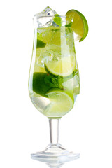glass of cocktail with lime and mint isolated on white