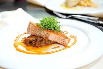 salmon steak with vegetables