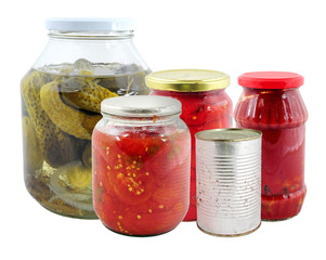 Various marinated vegetables in jars