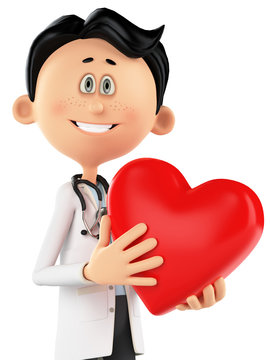 doctor cartoon is holding a heart portrait