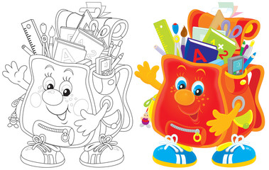 Funny satchel with school objects