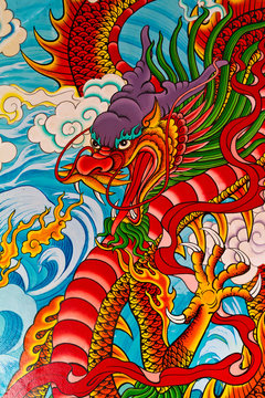 Red fire dragon painting in Chinese temple