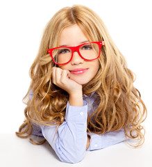blond fashion kid girl with glasses portrait on white