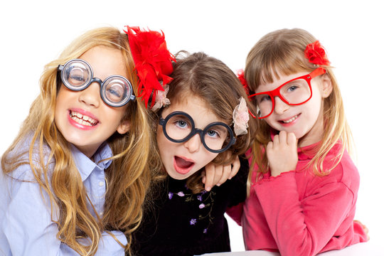 nerd children girl group with funny glasses