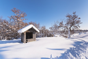 Fototapeta na wymiar landscape with a hut covered with snow