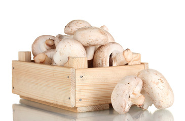 fresh mushrooms in a wooden box isolated on white