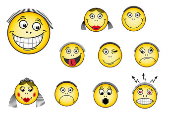 Set of smiley faces in various facial expressions