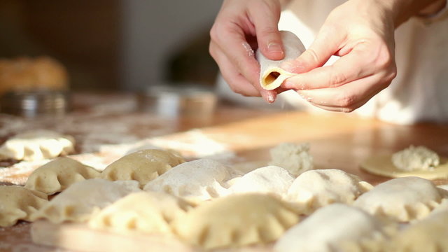 Female hands preparing dumplings