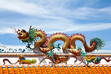 Colorful dragon statue on china temple roof.