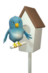 Bluebird  in front of a bird house